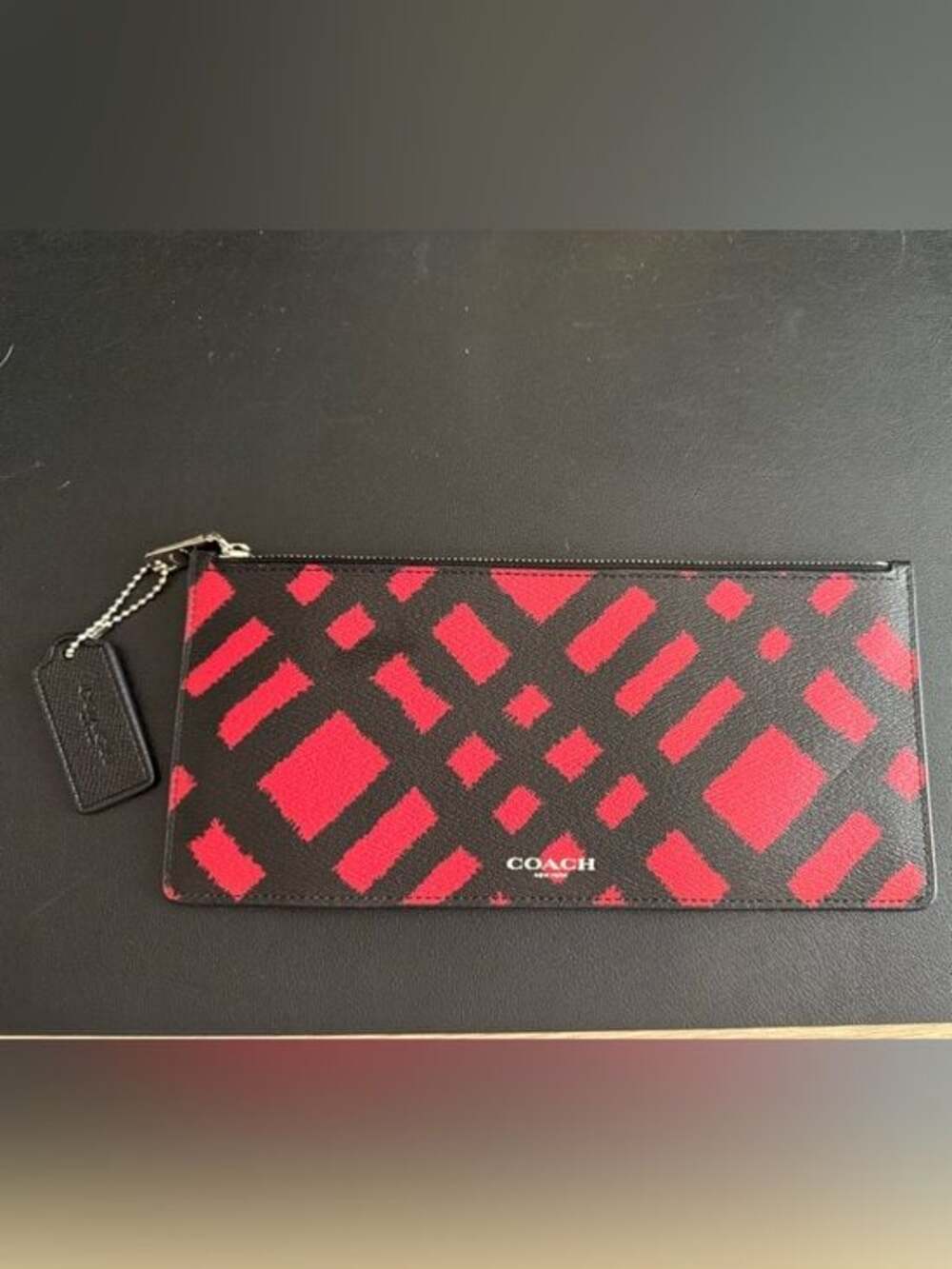 Coach Red & Black Wild Plaid Long Zipper Wallet/Clutch/Pouch